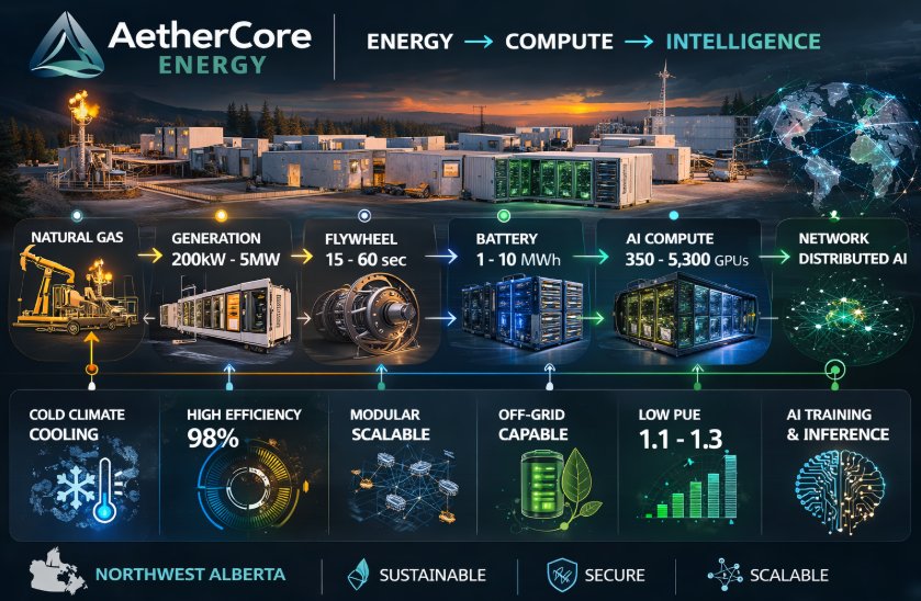 AetherCore Energy pipeline from natural gas to distributed AI network